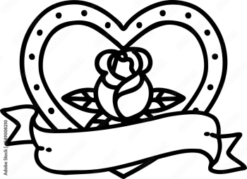 tattoo in black outline style of a heart rose and banner