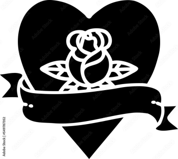 tattoo in black outline style of a heart rose and banner