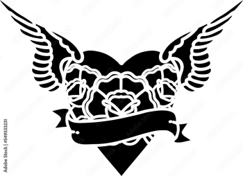 tattoo in black outline style of heart with wings flowers and banner