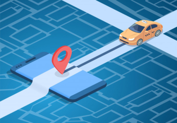 Taxi online service illustration of car on city map with navigation pin on smartphone. 