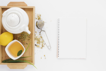 Tea tray with notebook mock-up Free Photo