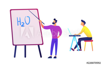 Teacher pointing to board with water formula and student with laptop vector illustration