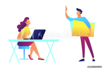 Teacher standing and pointing and student sitting at the desks vector illustration
