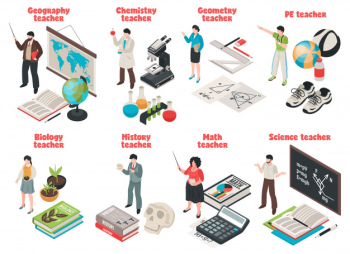 Teachers and school set with biology and geography symbols isolated isometric Free Vector