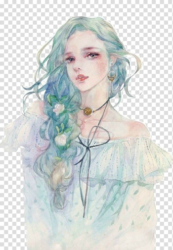 Teal-haired female , Drawing Watercolor painting Anime Illustration, Lake blue-haired beauty transparent background PNG clipart