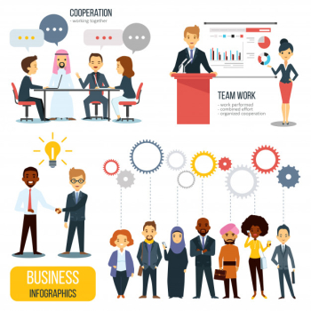 Teamwork and partnership business infographics set