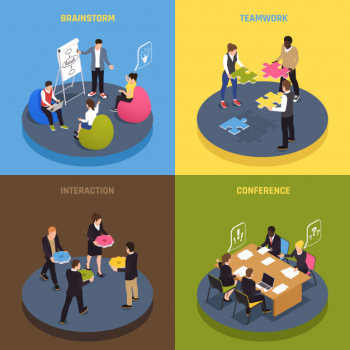 Teamwork collaboration concept 4 isometric  icons with employees ideas sharing conference agreements brainstorm interaction commitment Free Vector