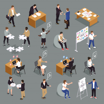 Teamwork efficient collaboration isometric icons collection with interacting unified sharing ideas brainstorming decisions making people Free Vector