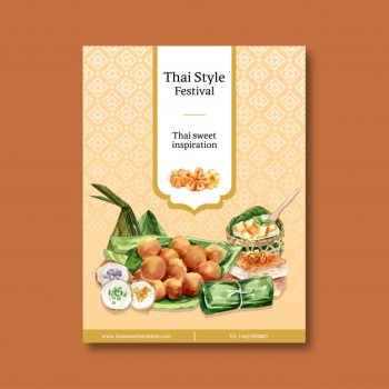 Thai sweet poster design with thai custard, pudding illustration watercolor. Free Vector
