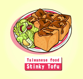 the most famous Taiwanese snacks. Deep fried tofu topped with sour pickled vegetables.