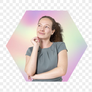 Thinking woman png, hexagon badge | Free PNG - rawpixel