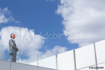 Thoughtful businessman on sunny rooftop
