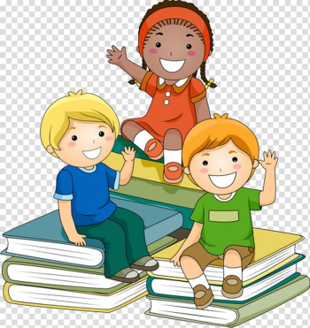 Three characters sitting on book pile art, Child Learning Teacher , Three children transparent background PNG clipart