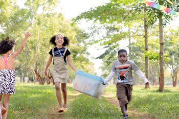 Three Children Playing Near Trees Three Children Playing Near Trees