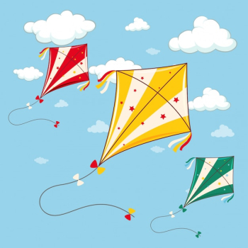 Three colorful kites in the blue sky Three colorful kites in the blue sky
