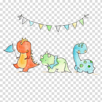 Three dinosaurs under banner sketch, Triceratops Tyrannosaurus Dinosaur Paper Drawing, Small dinosaur transparent background PNG clipart