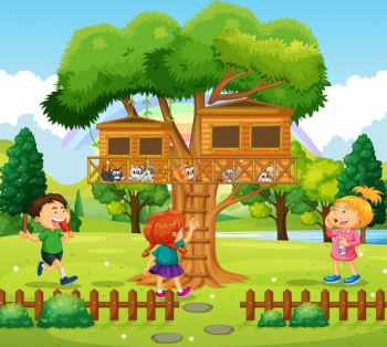 Three kids playing at the treehouse Free Vector Three kids playing at the treehouse Free Vector