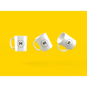 Three mugs on yellow background mock up