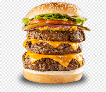 three patty burger, Hamburger Veggie burger Fatburger Restaurant Cheese, burger king, food, beef, recipe png