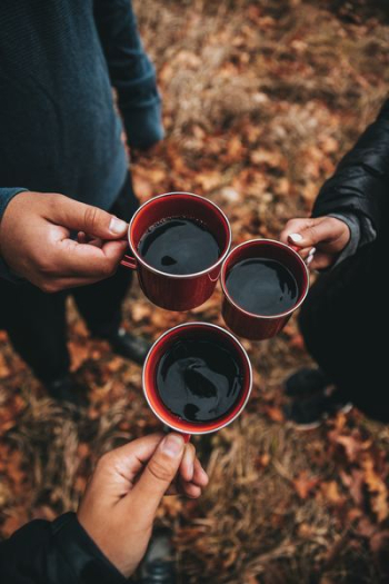 three person holding mugs while cheers three person holding mugs while cheers