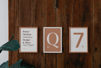 Three Posters on Wood Wall Mockup Three Posters on Wood Wall Mockup