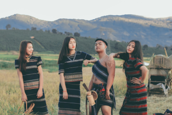 Three Women and One Man Standing Near Rice Paddy Three Women and One Man Standing Near Rice Paddy