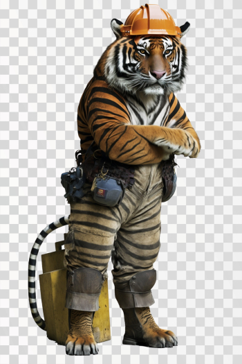 Tiger in a construction workers suit, png transparent background