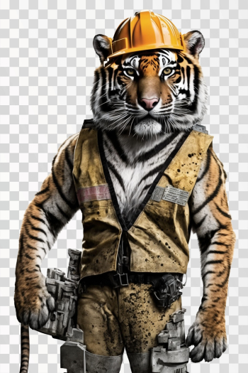 Tiger in a construction workers suit, png transparent background