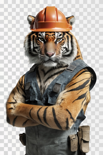 Tiger in a construction workers suit, png transparent background