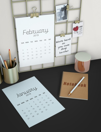 Top view calendar workspace mockup Free Psd