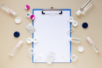 Top view eye care accessories on beige background with clipboard mock-up Free Photo