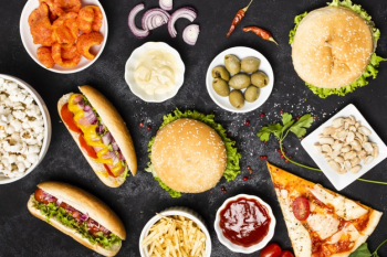 Top view of fast food meal on black table Free Photo Top view of fast food meal on black table Free Photo