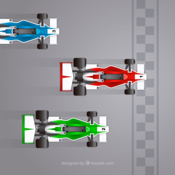 Top view of realistic formula 1 car at finish line