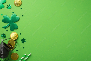 Top view photo of st patrick's day decorations green shamrocks straws clover shaped confetti and pot with gold coins on isolated pastel green background with copyspace