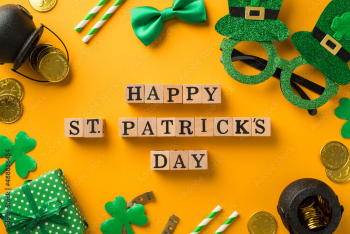 Top view photo of wooden cubes labeled happy st patricks day hat shaped party glasses straws green bow-tie giftbox shamrocks pots and gold coins on isolated yellow background