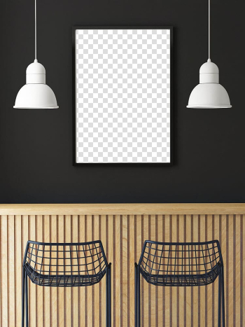 Tow white turned-off white pendant lamps below two black metal chairs, Cafe Poster Mockup, White drawing board with the lamp transparent background PNG clipart
