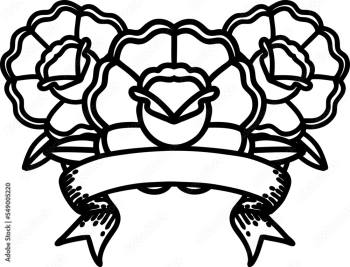 traditional black linework tattoo with banner of a bouquet of flowers