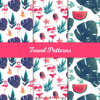 Travel patterns with tropical watercolor elements