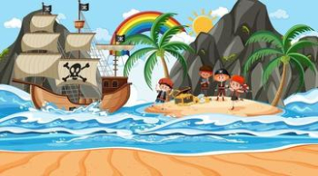 Treasure Island scene at daytime with Pirate kids Free Vector