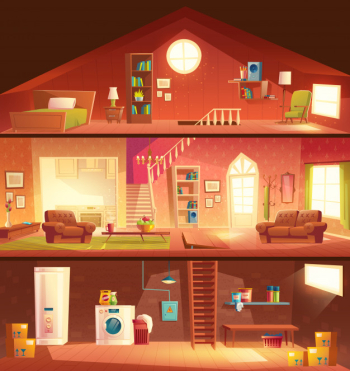 Tree-storey house or cottage cross section building cartoon vector interiors set with laundry in basement, comfortable, sunny living room or hall, studio kitchen, cozy bedroom on attic illustration Free Vector