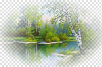 Trees and bushes near body of water illustration, Landscape painting Embroidery Cross-stitch Watercolor painting, fantasy winter background transparent background PNG clipart