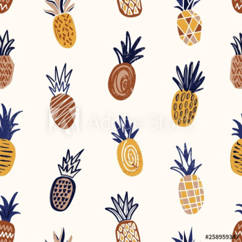 Trendy seamless pattern with textured pineapples on light background