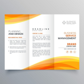 triptych brochure with orange shapes