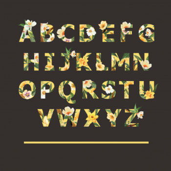 Tropical alphabet serif font yellow typographic summer with plants foliage Free Vector