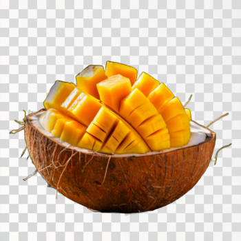 Tropical Paradise Sliced Mango In Coconut Shell With Palm Tree