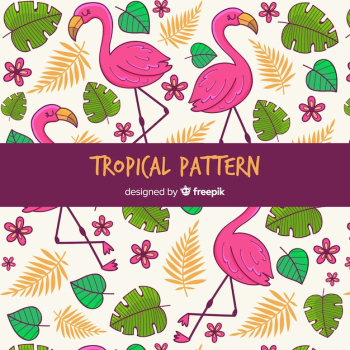 Tropical pattern background with flowers, leaves and flamingos