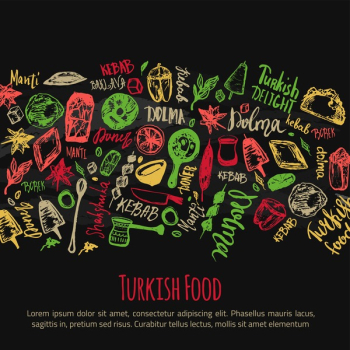 Turkish food hand drawn set with lettering and beverages with Kebab, Dolma, Shakshuka. Freehand vector doodles isolated on white background