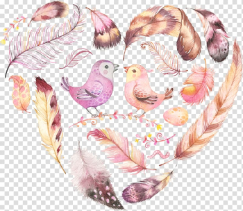 Two bird surrounded by feathers illustration, Bird Feather Wedding invitation Creative Market Watercolor painting, Bird love feather material transparent background PNG clipart