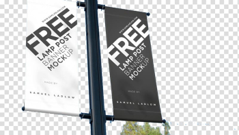 Two black and white free lamp post banner in black metal pole, Mockup Banner Advertising Street light, Outdoor advertising flags Road transparent background PNG clipart