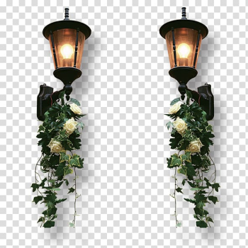 Two black wall sconces with white roses art, Light Computer file, Lighting flower basket transparent background PNG clipart